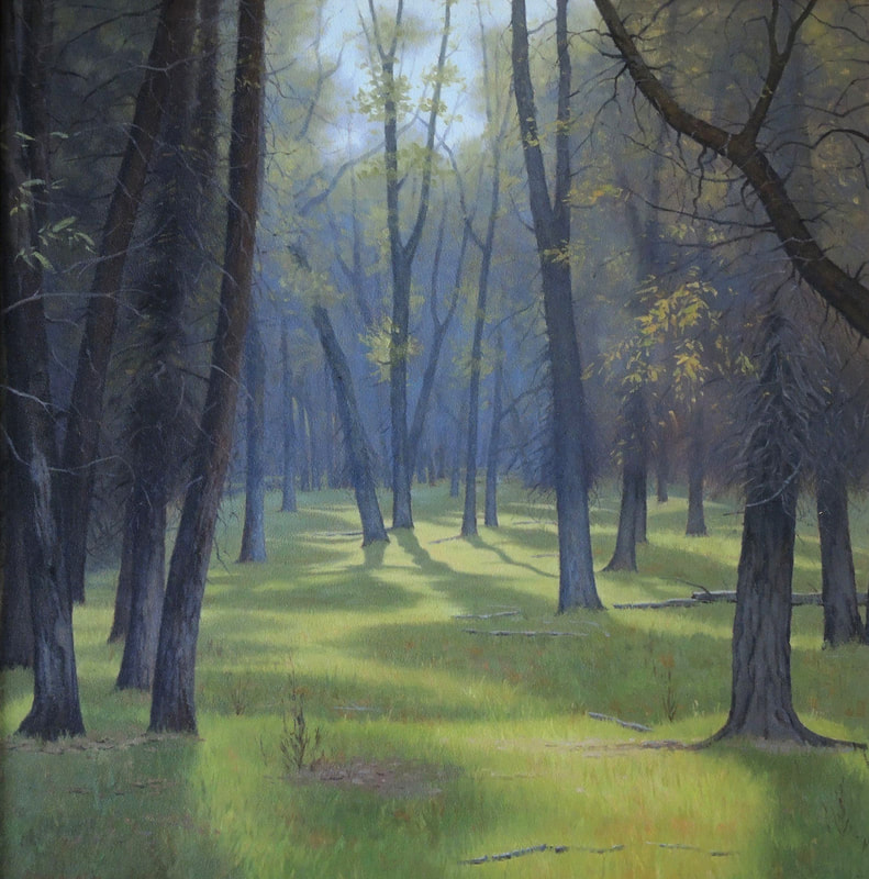 A quiet and plush forest captured in an oil painting in Jackson Hole, Wyoming