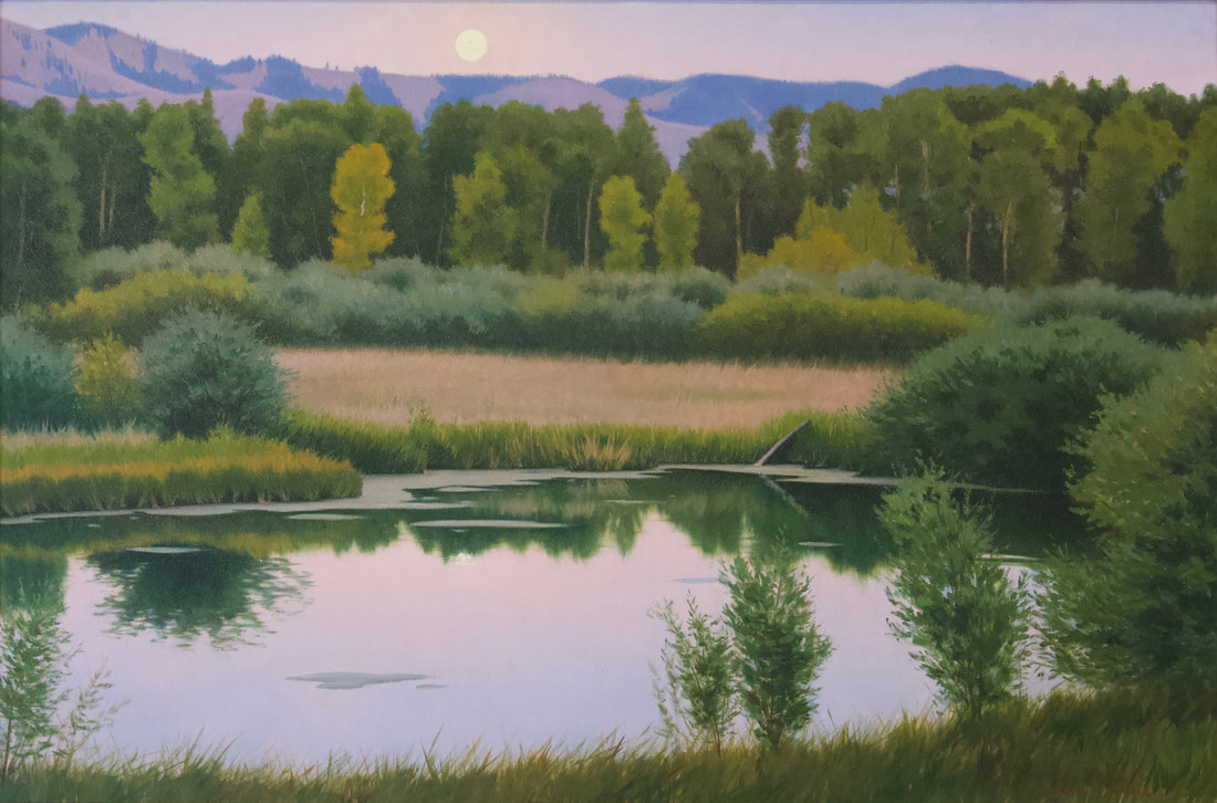 On a hike in Jackson Hole, Wyoming an oil painting of the edge of a secluded lake