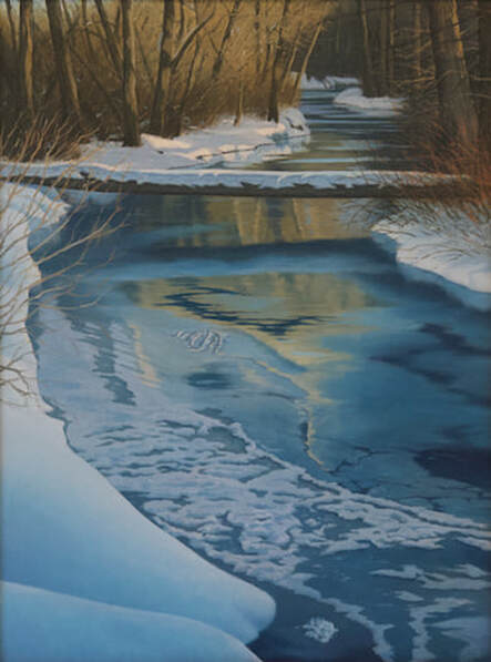 On a winter hike in Jackson Hole, Wyoming an oil painting of the edge of a secluded lake