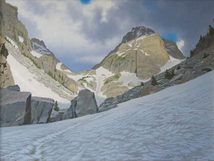 On a winter hike in Grand Teton Mountain Range near Jackson Hole, Wyoming captured the sharp peaks in an oil painting