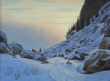  On a winter hike in Grand Teton Mountain Range near Jackson Hole, Wyoming captured the sharp peaks in an oil painting